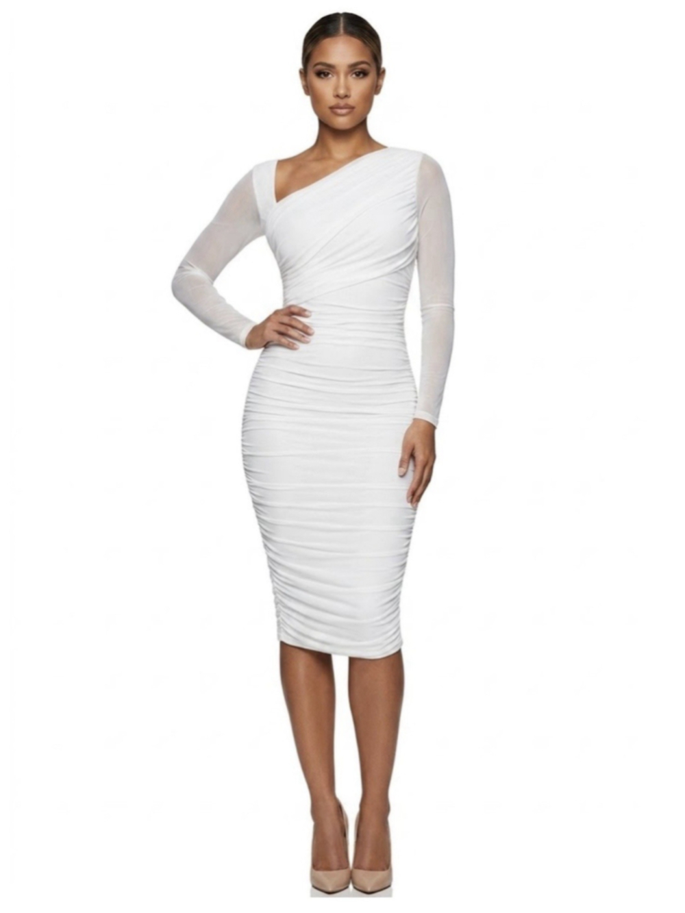 White One-Shoulder Ruched Midi Dress 109